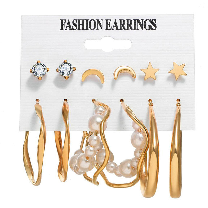 Gold Plated Contemporary Stars and Moon Studs and Hoop Earrings Set of 6 For Women