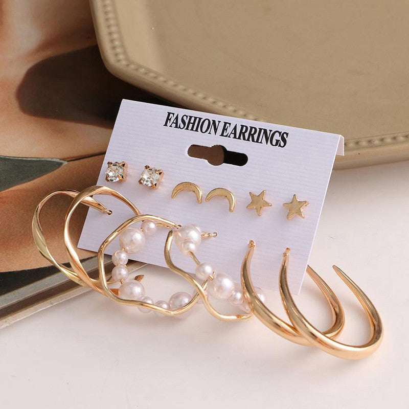 Gold Plated Contemporary Stars and Moon Studs and Hoop Earrings Set of 6 For Women