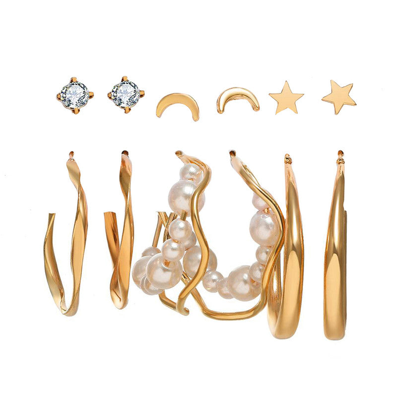 Gold Plated Contemporary Stars and Moon Studs and Hoop Earrings Set of 6 For Women