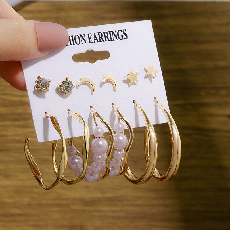 Gold Plated Contemporary Stars and Moon Studs and Hoop Earrings Set of 6 For Women