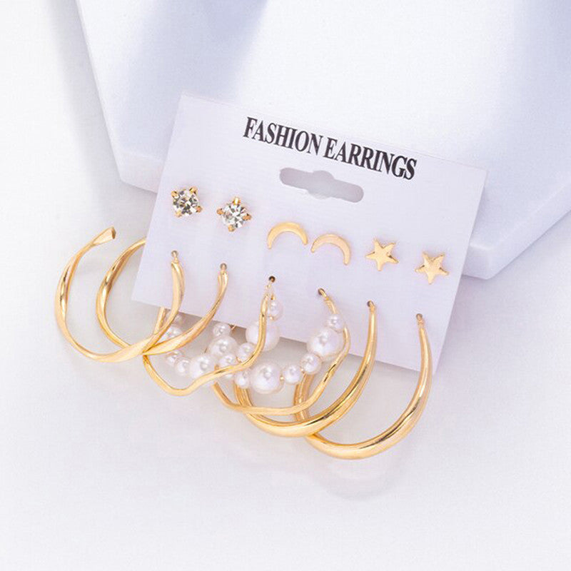 Gold Plated Contemporary Stars and Moon Studs and Hoop Earrings Set of 6 For Women