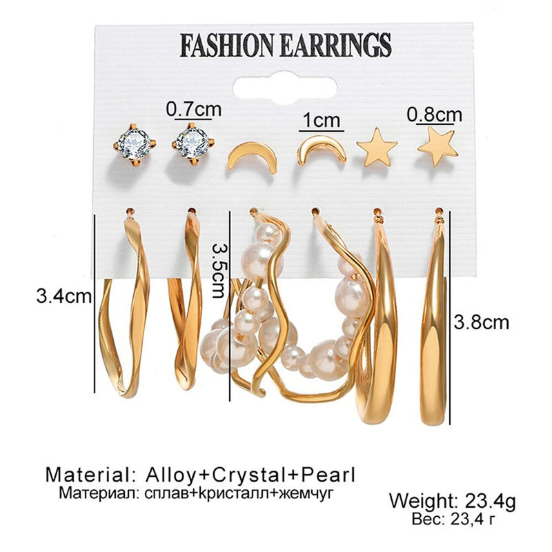 Gold Plated Contemporary Stars and Moon Studs and Hoop Earrings Set of 6 For Women