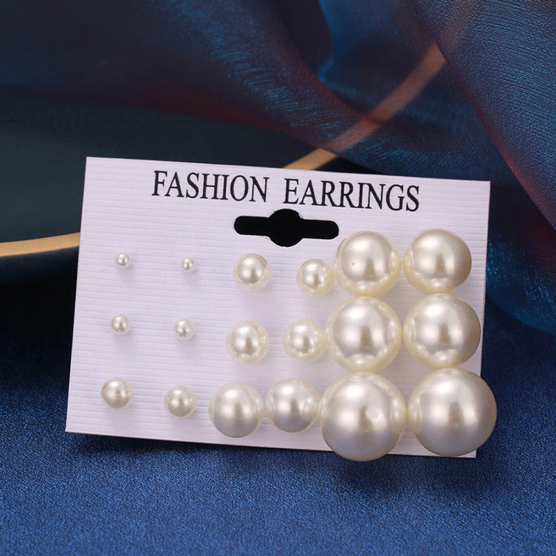 Off White Gold Plated Stud Earrings Set of 9 For Women