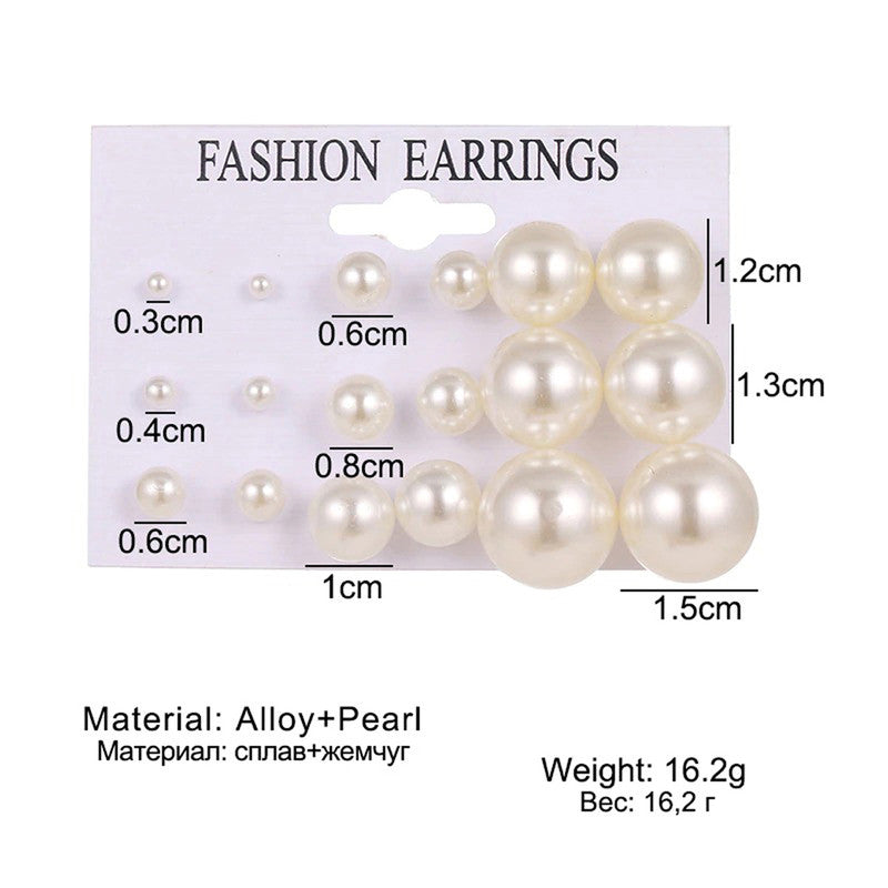 Off White Gold Plated Stud Earrings Set of 9 For Women