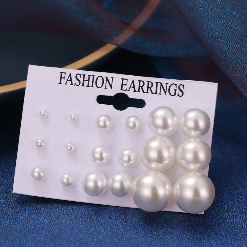 White Silver Plated Stud Earrings Set of 9 For Women