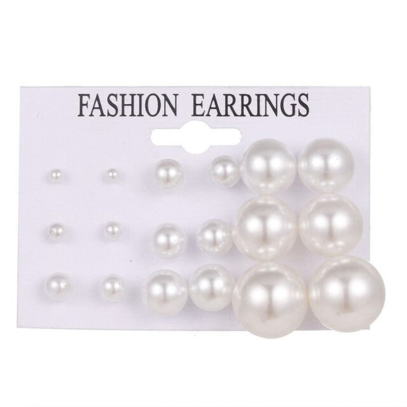 White Silver Plated Stud Earrings Set of 9 For Women