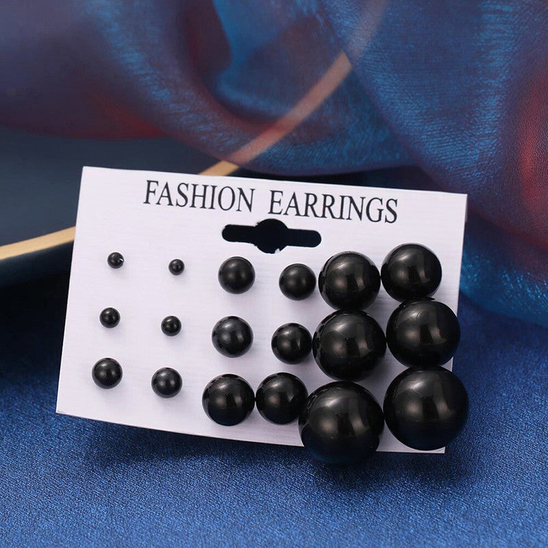 Black Silver Plated Stud Earrings Set of 9 For Women