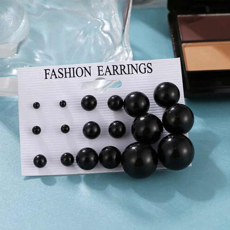 Black Silver Plated Stud Earrings Set of 9 For Women