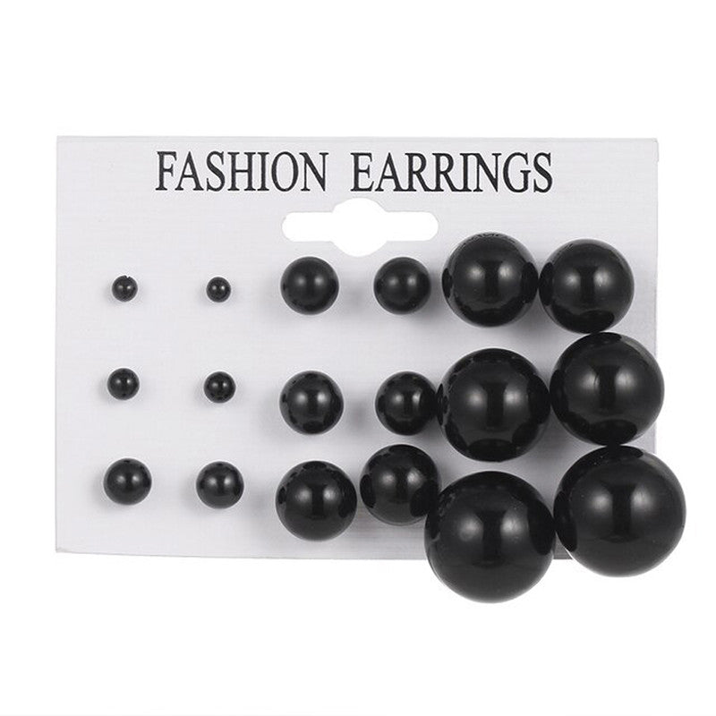 Black Silver Plated Stud Earrings Set of 9 For Women