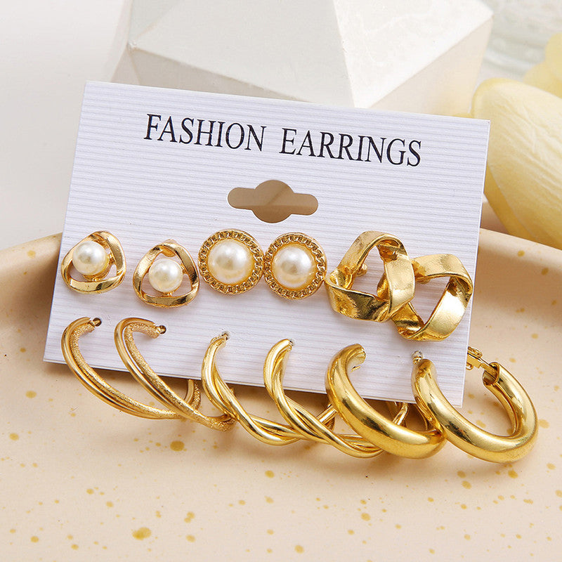 Gold Plated Contemporary Studs and Hoop Earrings Set of 6 For Women - MySmartBazaar