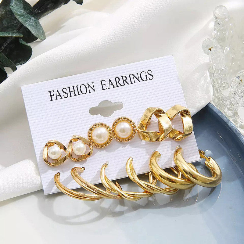 Gold Plated Contemporary Studs and Hoop Earrings Set of 6 For Women