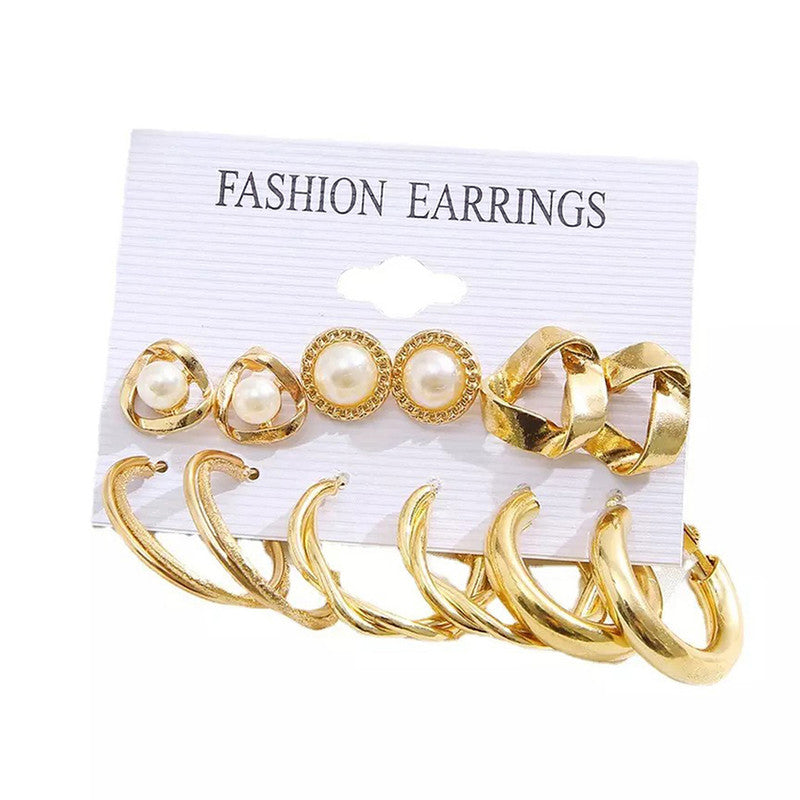 Gold Plated Contemporary Studs and Hoop Earrings Set of 6 For Women - MySmartBazaar