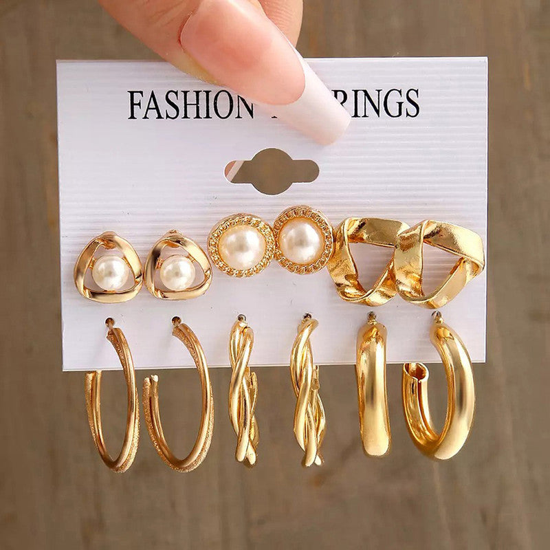 Gold Plated Contemporary Studs and Hoop Earrings Set of 6 For Women - MySmartBazaar