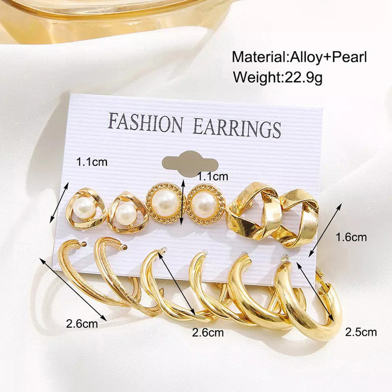 Gold Plated Contemporary Studs and Hoop Earrings Set of 6 For Women - MySmartBazaar