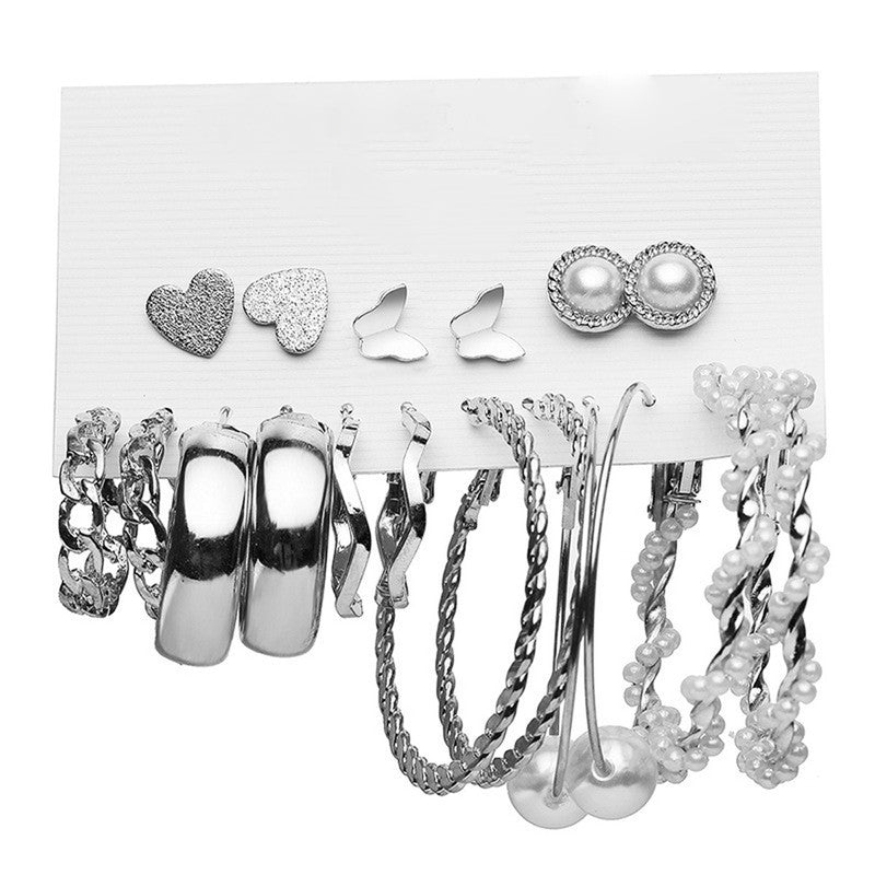 Silver Plated Silver-Toned Contemporary Hoop Earrings Set of 9 For Women