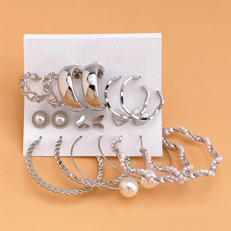 Silver Plated Silver-Toned Contemporary Hoop Earrings Set of 9 For Women