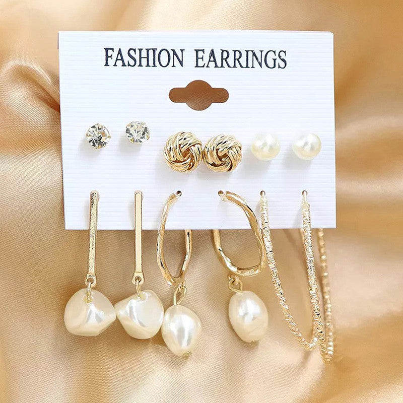 Gold Plated Gold-Toned White Studs, Hoops and Drop Earrings Set of 6 For Women