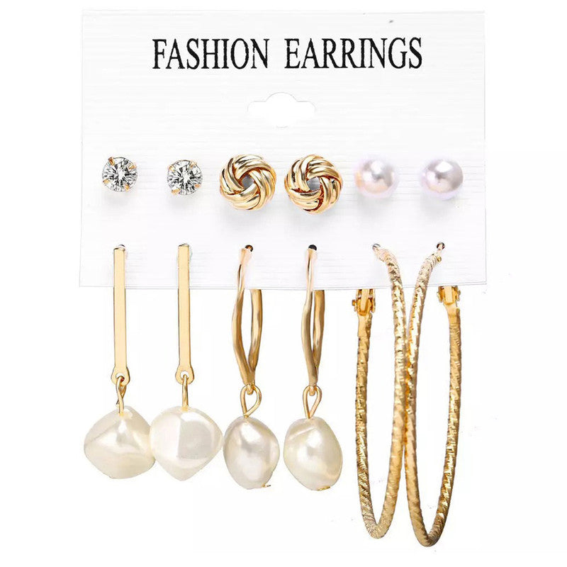 Gold Plated Gold-Toned White Studs, Hoops and Drop Earrings Set of 6 For Women