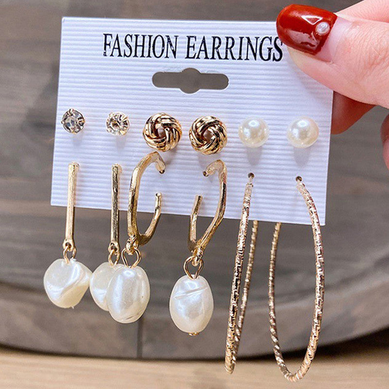 Gold Plated Gold-Toned White Studs, Hoops and Drop Earrings Set of 6 For Women