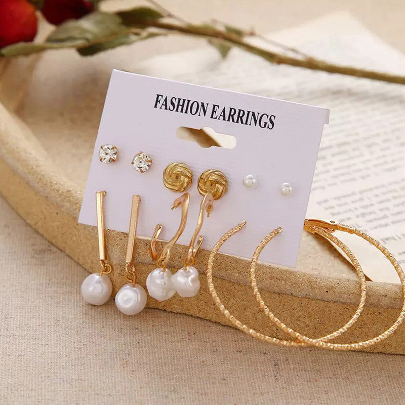 Gold Plated Gold-Toned White Studs, Hoops and Drop Earrings Set of 6 For Women