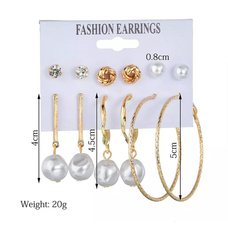 Gold Plated Gold-Toned White Studs, Hoops and Drop Earrings Set of 6 For Women