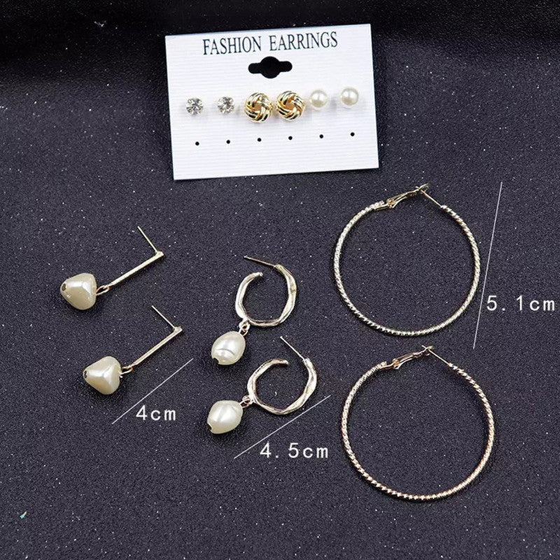 Gold Plated Gold-Toned White Studs, Hoops and Drop Earrings Set of 6 For Women