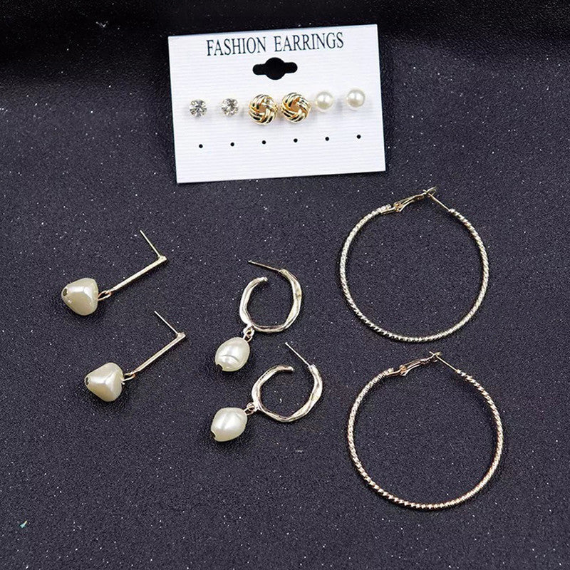 Gold Plated Gold-Toned White Studs, Hoops and Drop Earrings Set of 6 For Women