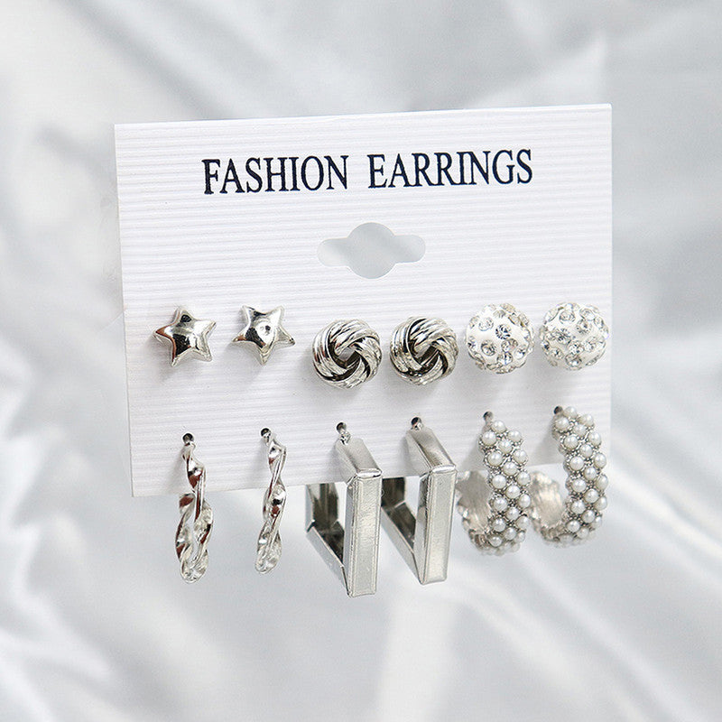 Gold Plated Gold-Toned White Studs Hoops and Drop Earrings Set of 6 For Women