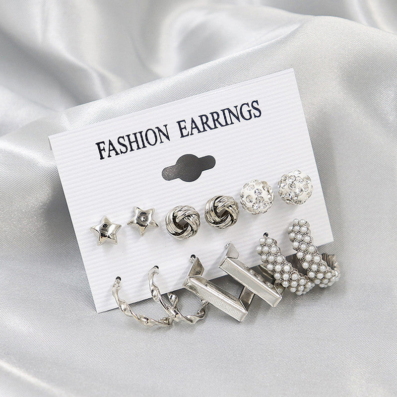 Gold Plated Gold-Toned White Studs Hoops and Drop Earrings Set of 6 For Women