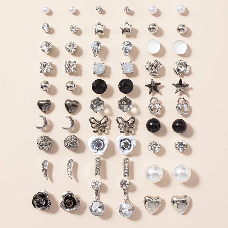 Silver Plated Black and White Studs of 30 Pair For Women