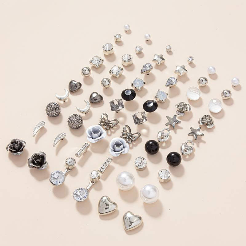 Silver Plated Black and White Studs of 30 Pair For Women