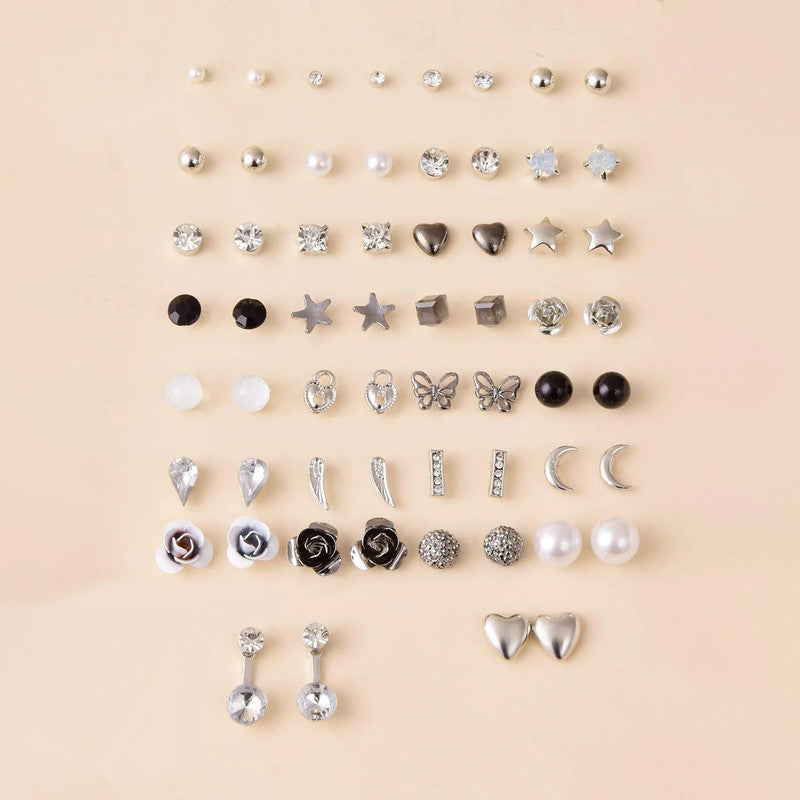 Silver Plated Black and White Studs of 30 Pair For Women