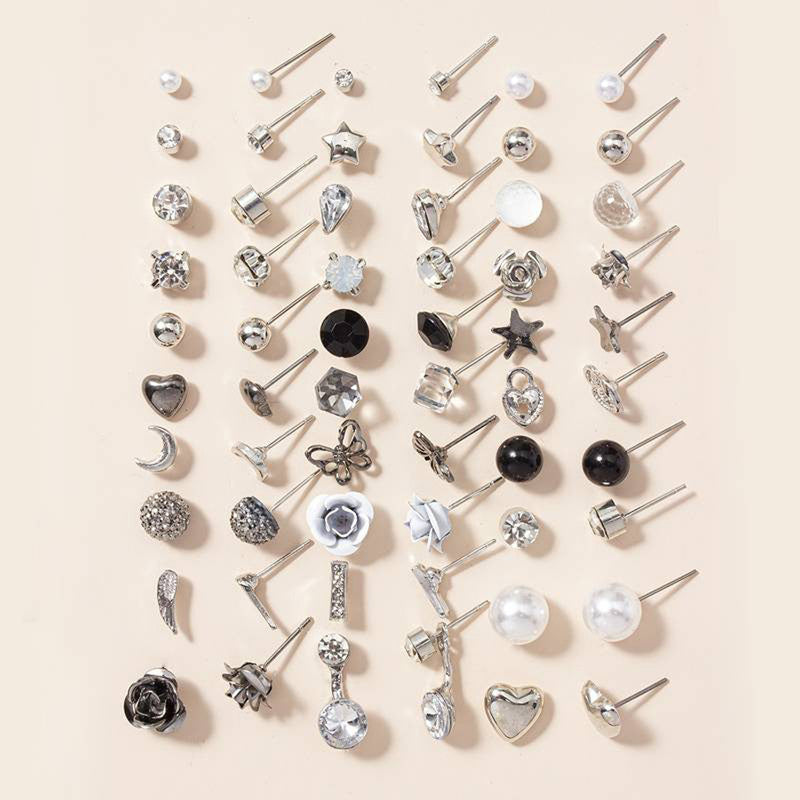 Silver Plated Black and White Studs of 30 Pair For Women