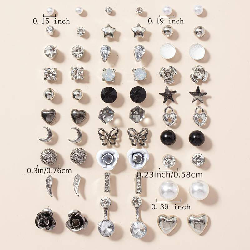 Silver Plated Black and White Studs of 30 Pair For Women