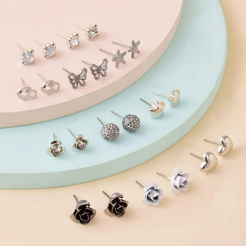 Silver Plated Black and White Studs of 30 Pair For Women