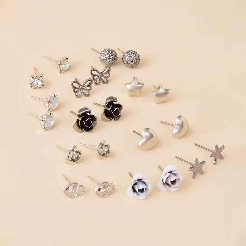 Silver Plated Black and White Studs of 30 Pair For Women