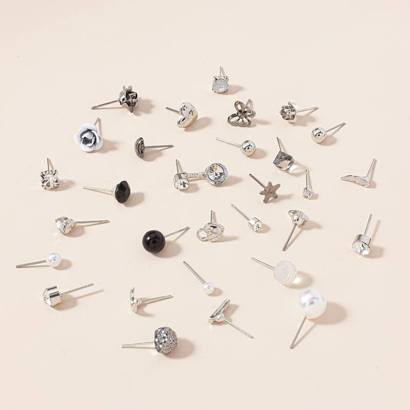 Silver Plated Black and White Studs of 30 Pair For Women