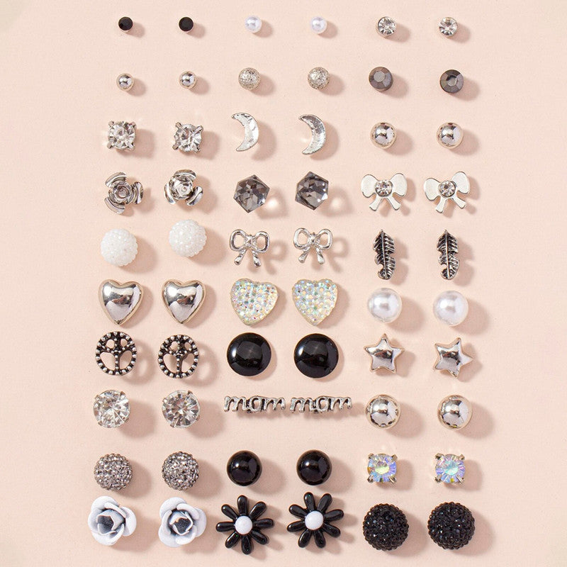 Silver Plated Black and White Studs of 30 Pair For Women