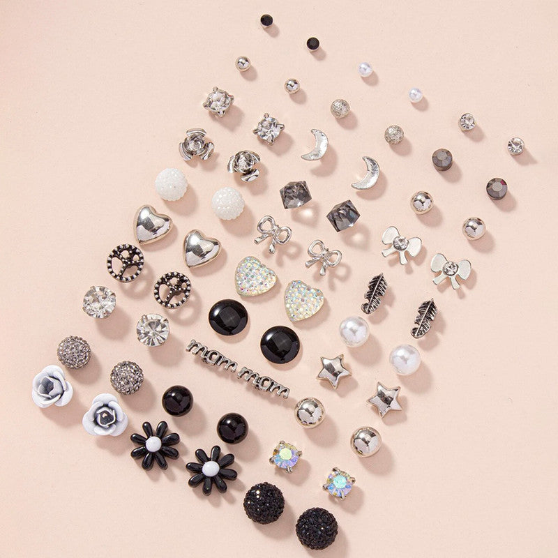 Silver Plated Black and White Studs of 30 Pair For Women