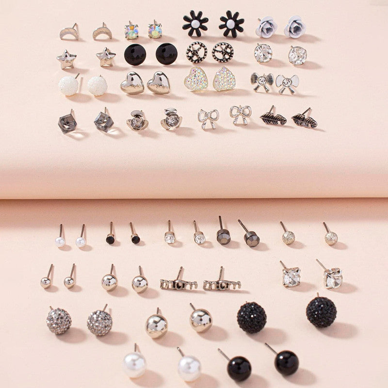 Silver Plated Black and White Studs of 30 Pair For Women