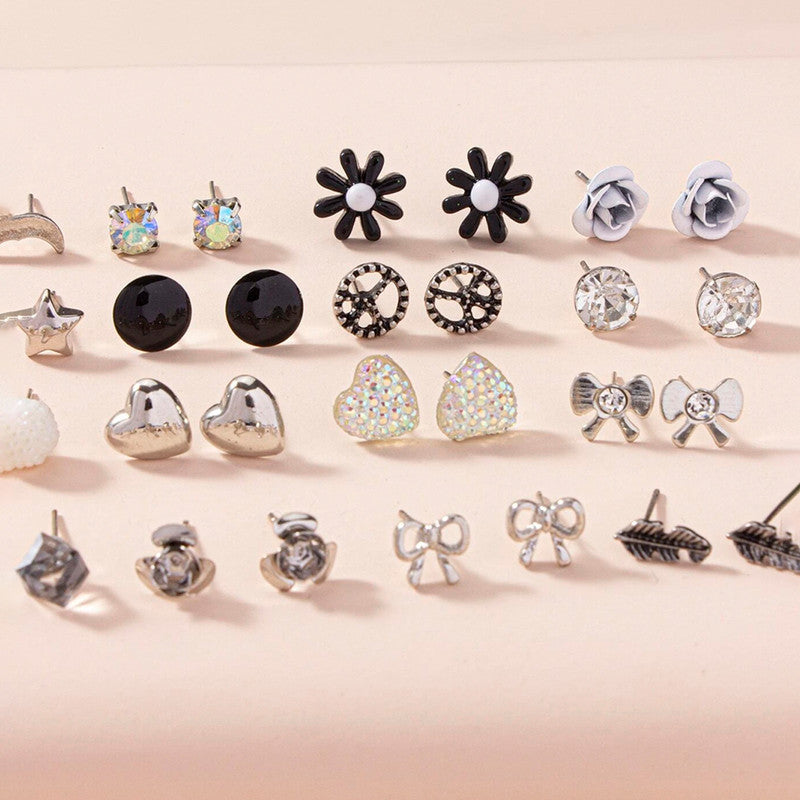 Silver Plated Black and White Studs of 30 Pair For Women