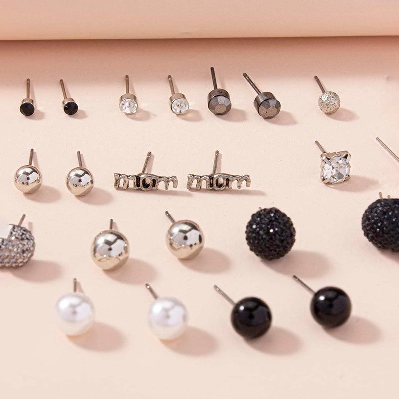 Silver Plated Black and White Studs of 30 Pair For Women