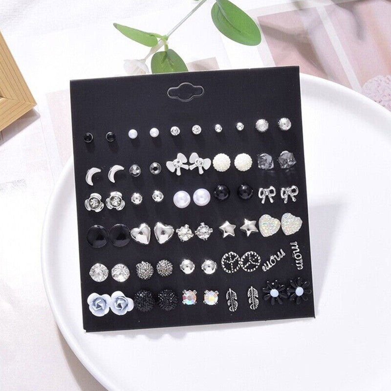 Silver Plated Black and White Studs of 30 Pair For Women