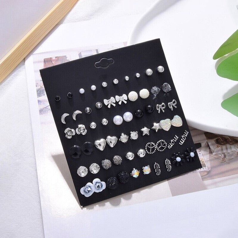 Silver Plated Black and White Studs of 30 Pair For Women