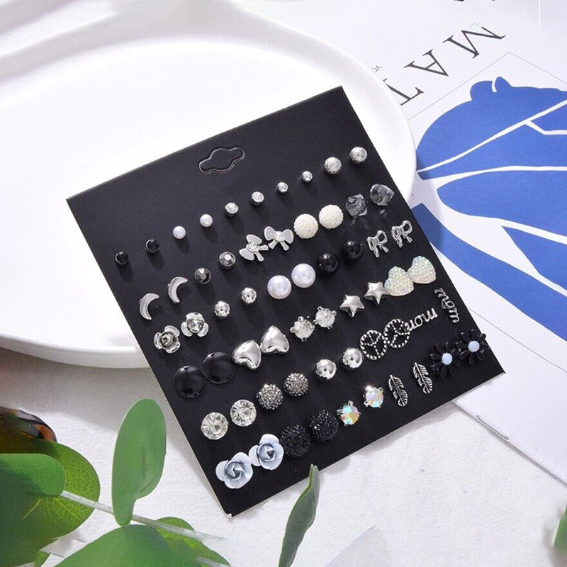 Silver Plated Black and White Studs of 30 Pair For Women