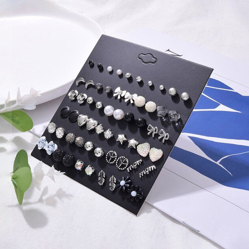 Silver Plated Black and White Studs of 30 Pair For Women