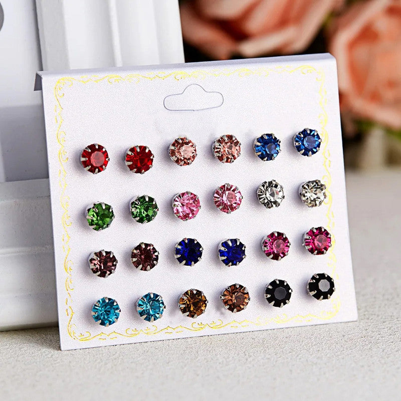 Silver Plated Multicolour Studs of 12 Pair For Women