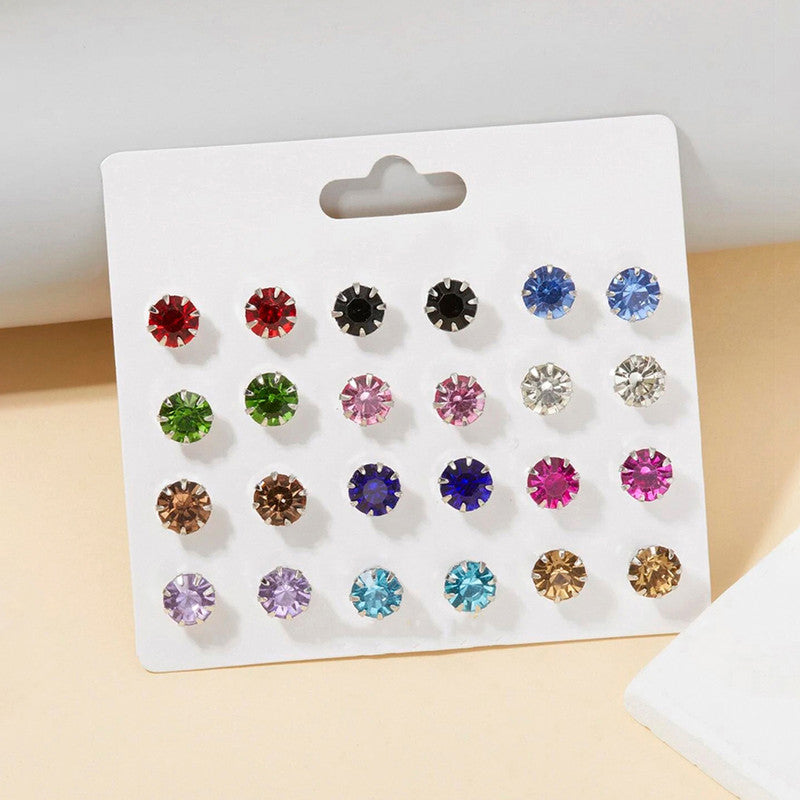 Silver Plated Multicolour Studs of 12 Pair For Women