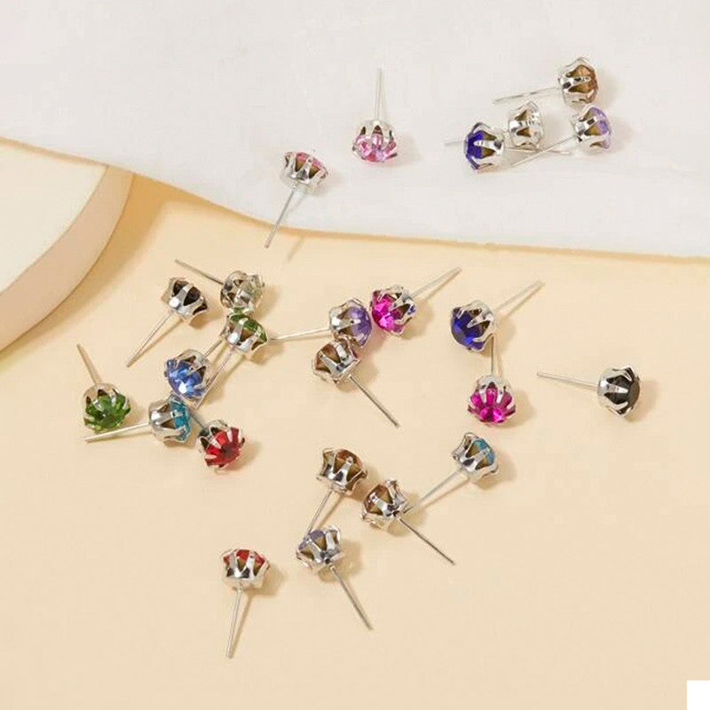 Silver Plated Multicolour Studs of 12 Pair For Women