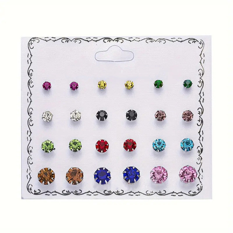 Silver Plated Multicolour Studs of 12 Pair For Women